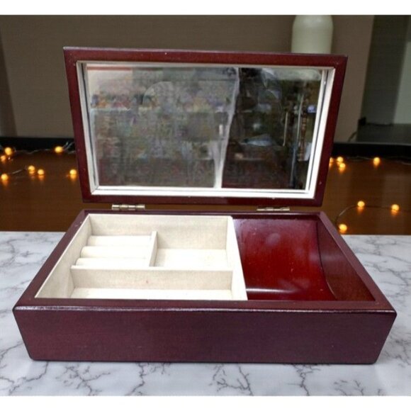 Exquisite Mahogany Wooden Jewelry Box Floral Marquetry Inlay & Mirror Interior - Picture 3 of 11